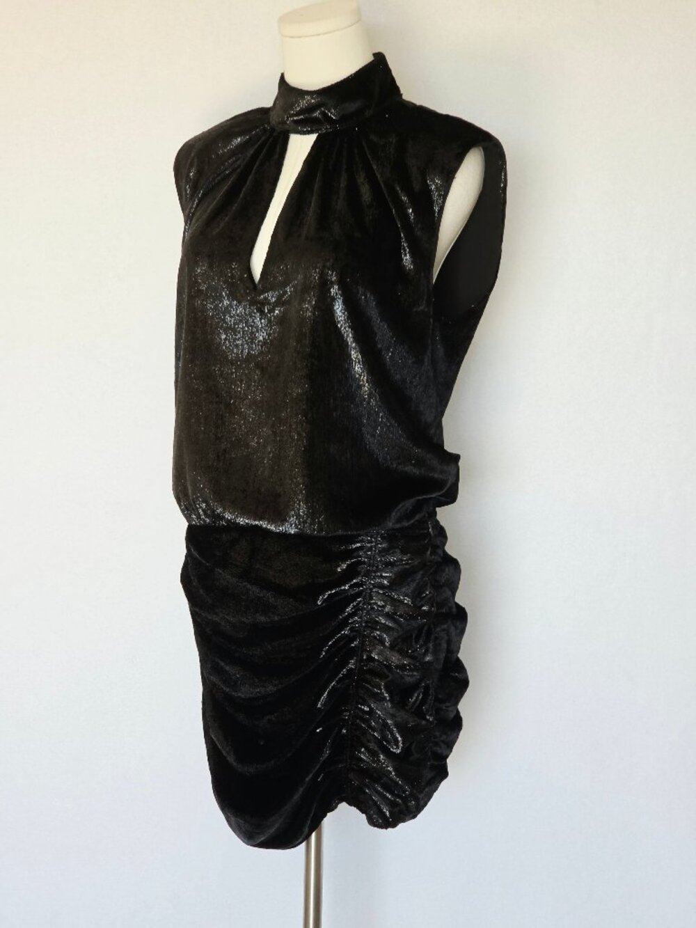 Ramy Brook $425 Gracie Velvet Ruched Party Mini Dress Sleeveless Keyhole Black